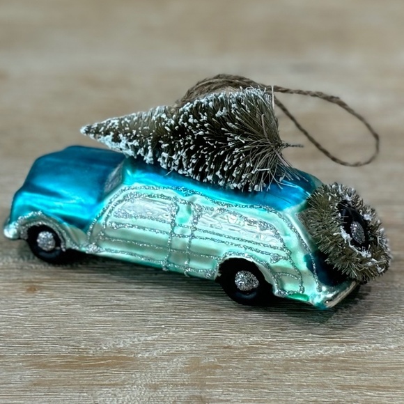 Anthropologie Blue Wood Panel Station Wagon with Christmas Tree Ornament - Picture 2 of 5